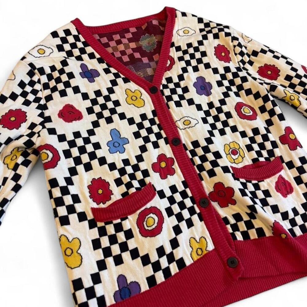 Checkerboard floral cardigan sweater XXL